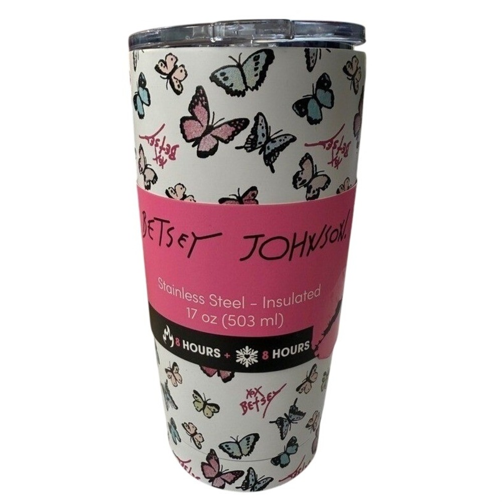 Betsey Johnson Butterfly Stainless Steel‎ Insulated Tumbler 17oz White Pink Blue